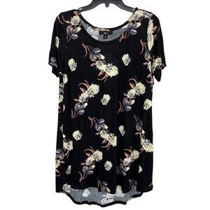 Jessica London ELLOS Top Womens 12 Black Floral Short Sleeve Tunic NEW